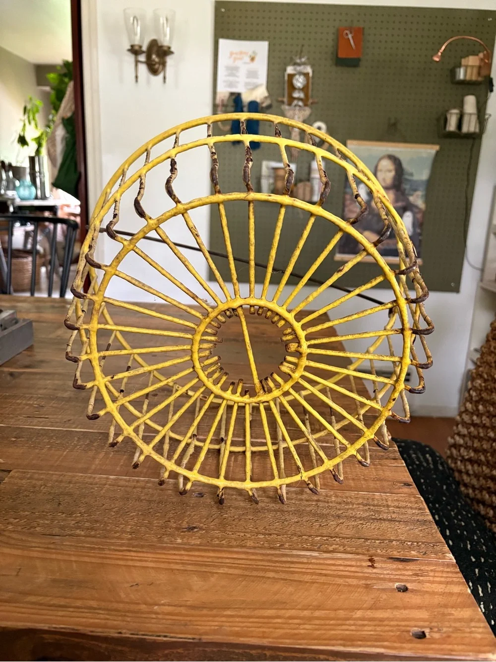 Vintage Distressed Yellow Wire Metal Egg Collection Gathering Handled Basket